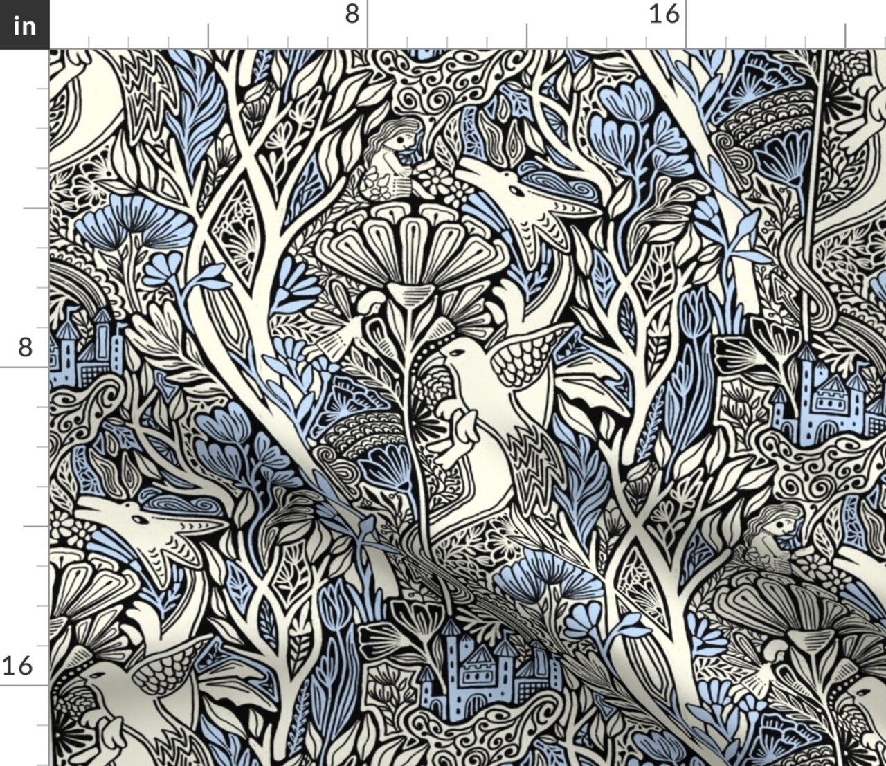 Dragon Literary Blue And White Fantasy Botanical Fairy Tale Custom Printed Fabric by Spoonflower Various Fabrics by the Yard or Fat Quarter
